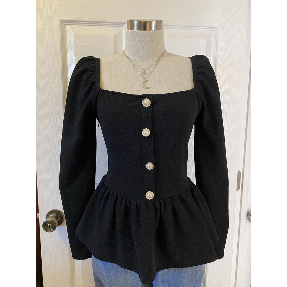 3Sixty9 Black Square Neck Puff Sleeve Peplum Button Front Blouse Size XXS